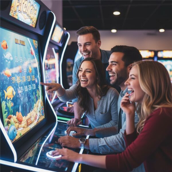 shoppers playing a kiosk gaming system