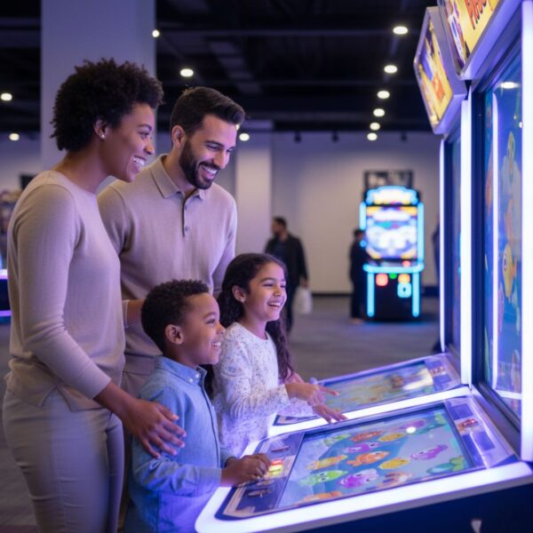 a family playing a kiosk gaming system