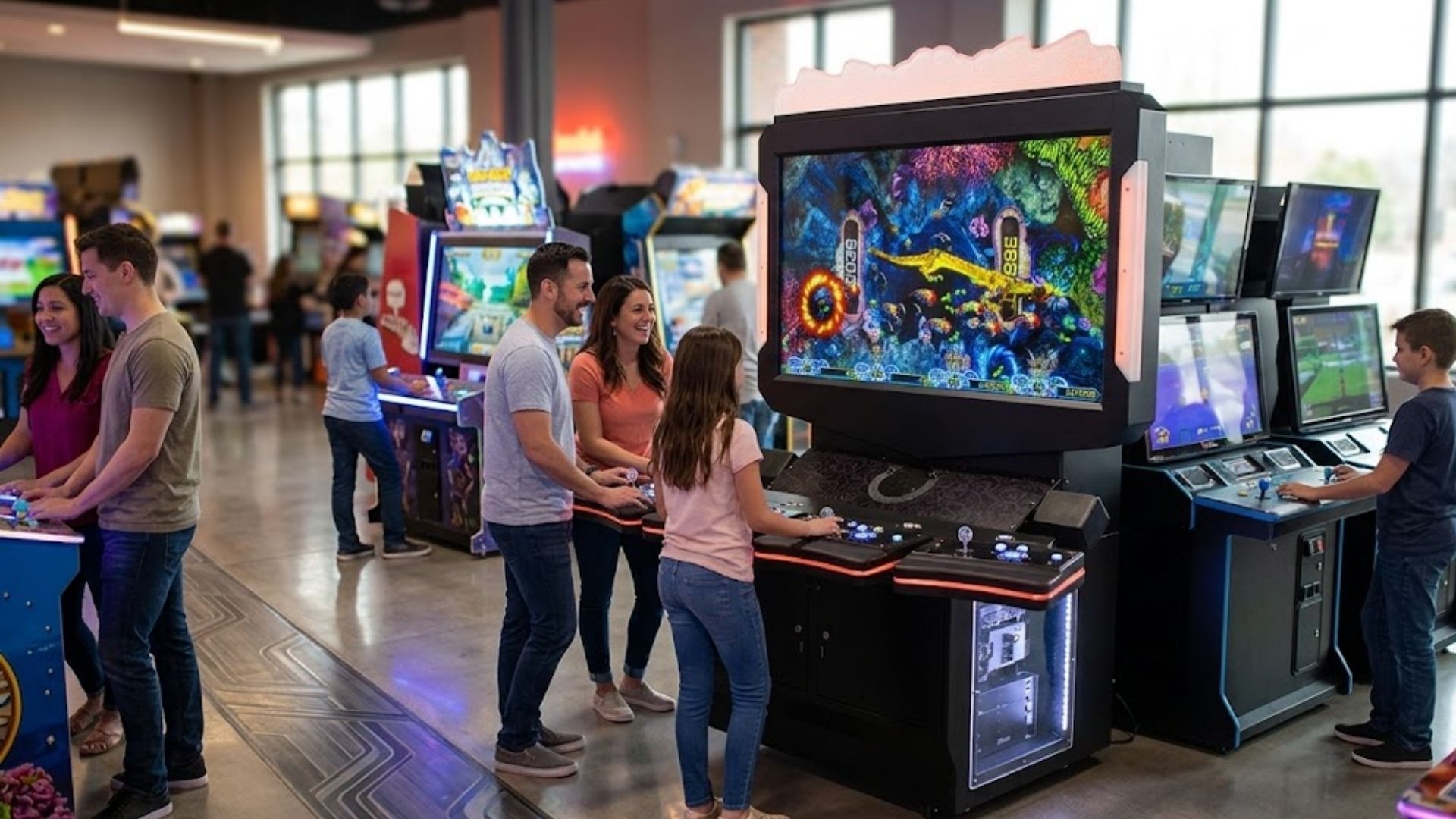A wide-angle photograph of a vibrant family entertainment center with people interacting at various digital gaming stations.