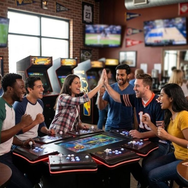 A lifestyle photo of a diverse group of friends smiling and playing a multiplayer table arcade game together.