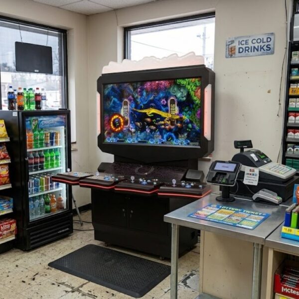 A compact, upright electronic gaming kiosk sitting neatly in the corner of a clean, modern commercial space.