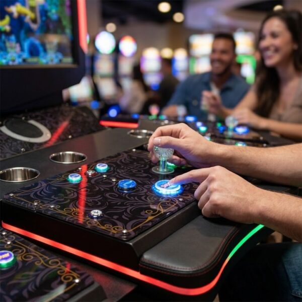 A close-up photograph of a player's hands on an illuminated arcade game console with a softly blurred background.