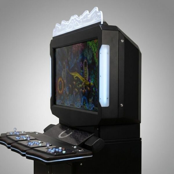 A clean product photograph showcasing the durable metallic exterior and high-quality construction of a commercial gaming cabinet.