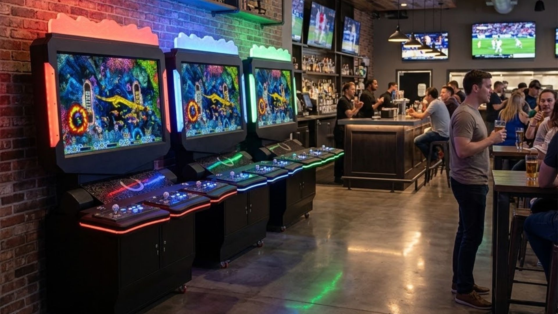A lively commercial sports bar and arcade interior featuring sleek modern gaming kiosk cabinets glowing with colorful lights along the wall