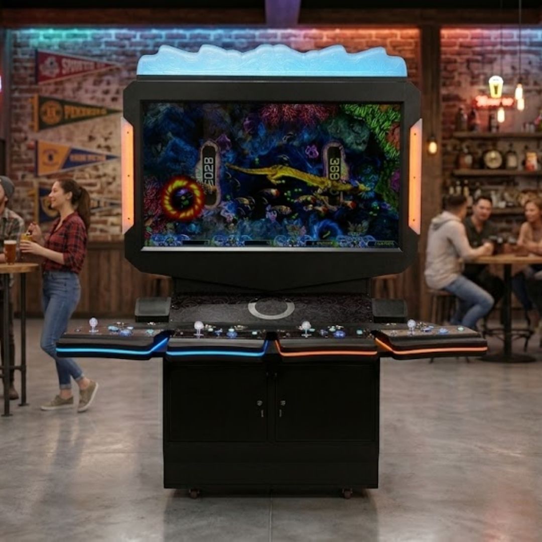 A sleek modern skill game kiosk cabinet with glowing LED trim stands prominently inside a commercial business venue