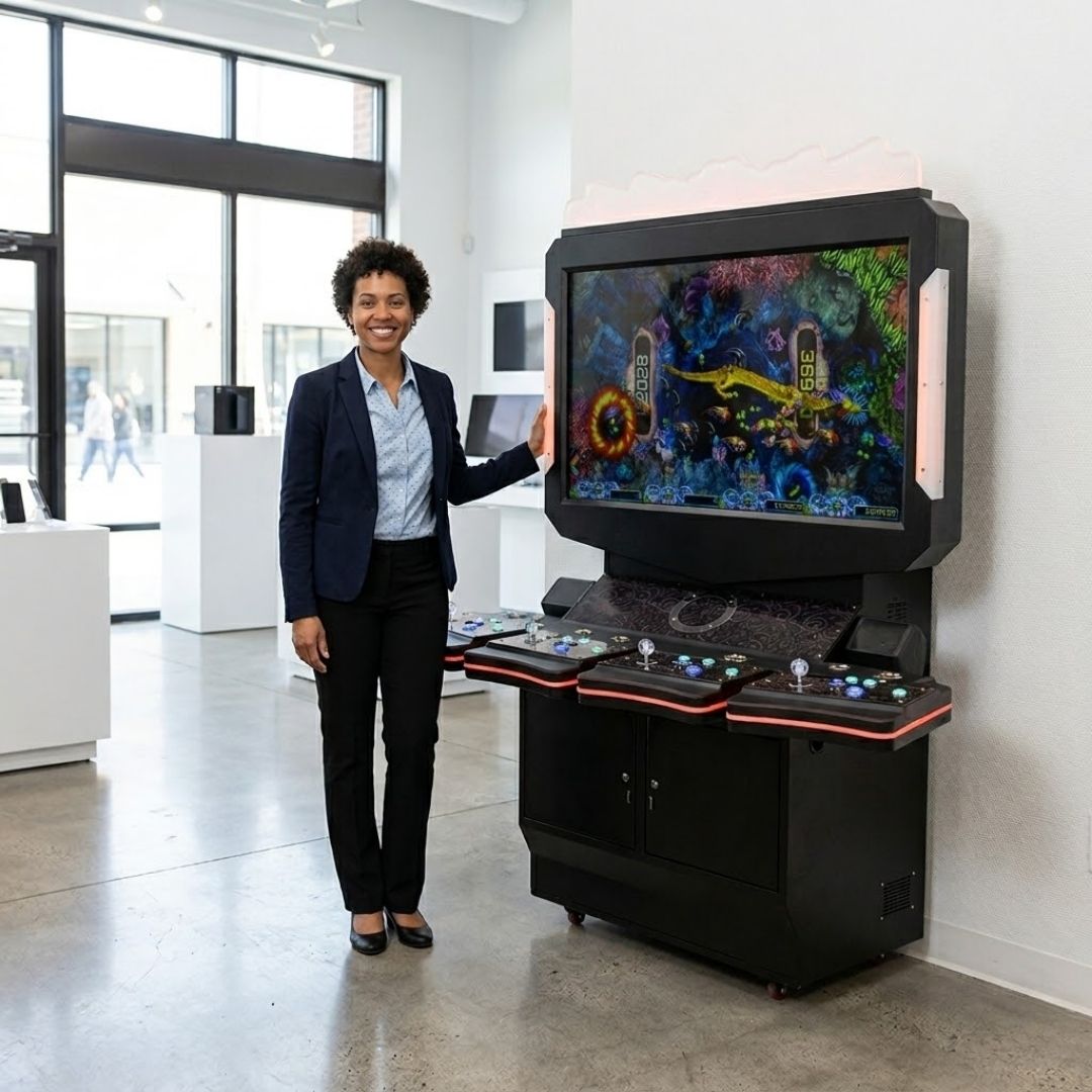 A satisfied retail store owner standing proudly next to an electronic gaming kiosk machine terminal on the sales floor