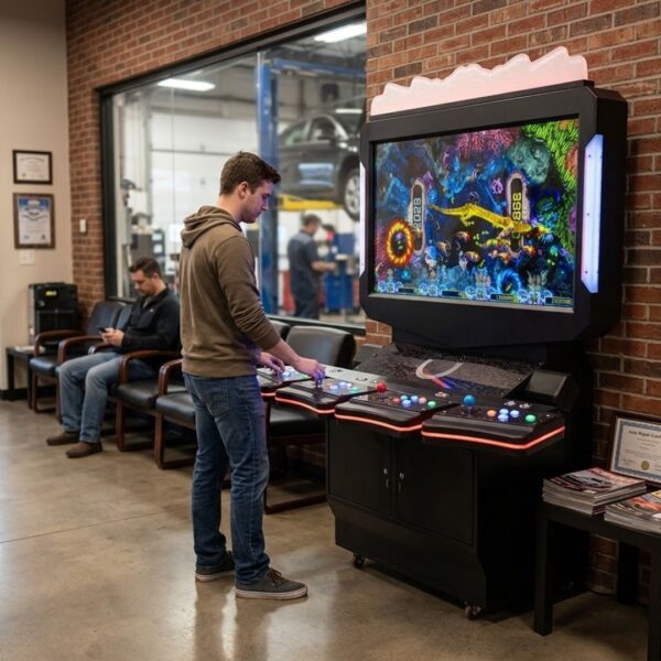 A customer in the waiting room of an auto repair shop playing on the gaming kiosk.