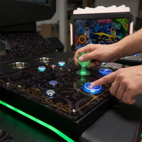 A close up on a hand using the gaming controls on the gaming kiosk, showing off the controls.