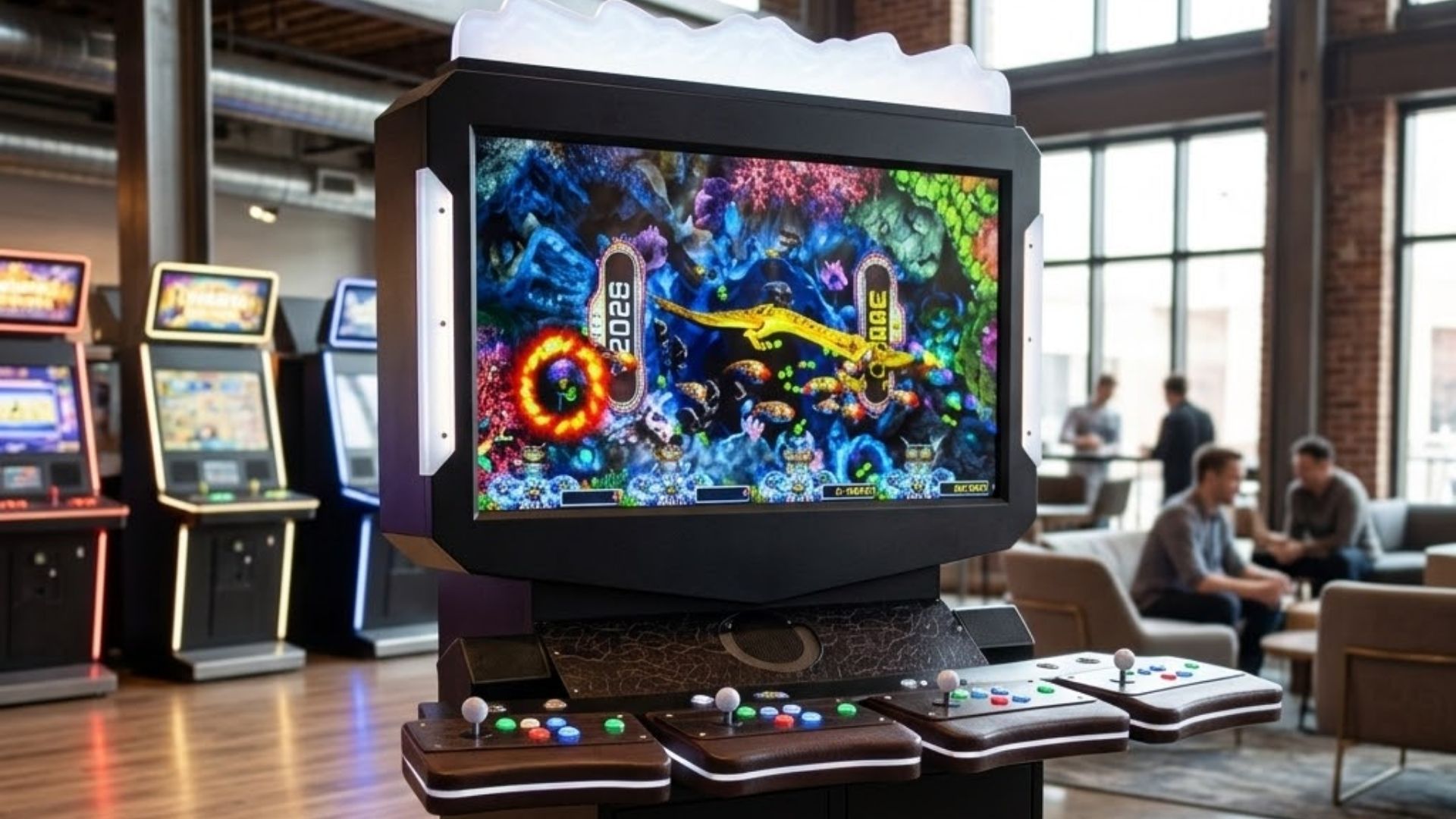 A spacious, modern entertainment venue featuring high-end arcade kiosk gaming systems illuminated under bright, natural lighting.