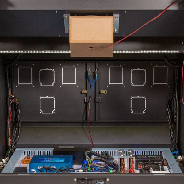 An organized interior view of professional computing hardware featuring a clean layout and high-performance cooling fans.